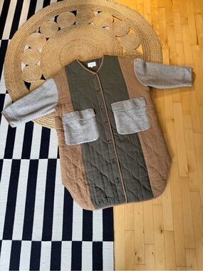 Amente Patch Quilted Wool Blend Coat M/L in Olive, Brown & Gray